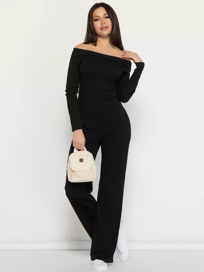 Onyx Two-Piece Set by Lauven, off-shoulder ribbed black women's suit showcasing elegance and comfort.