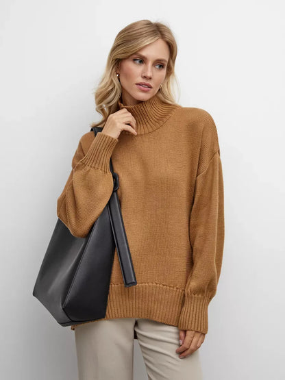 Marlo Sweater by Lauven, oversized women's knit in camel with asymmetric hem, perfect for casual elegance.