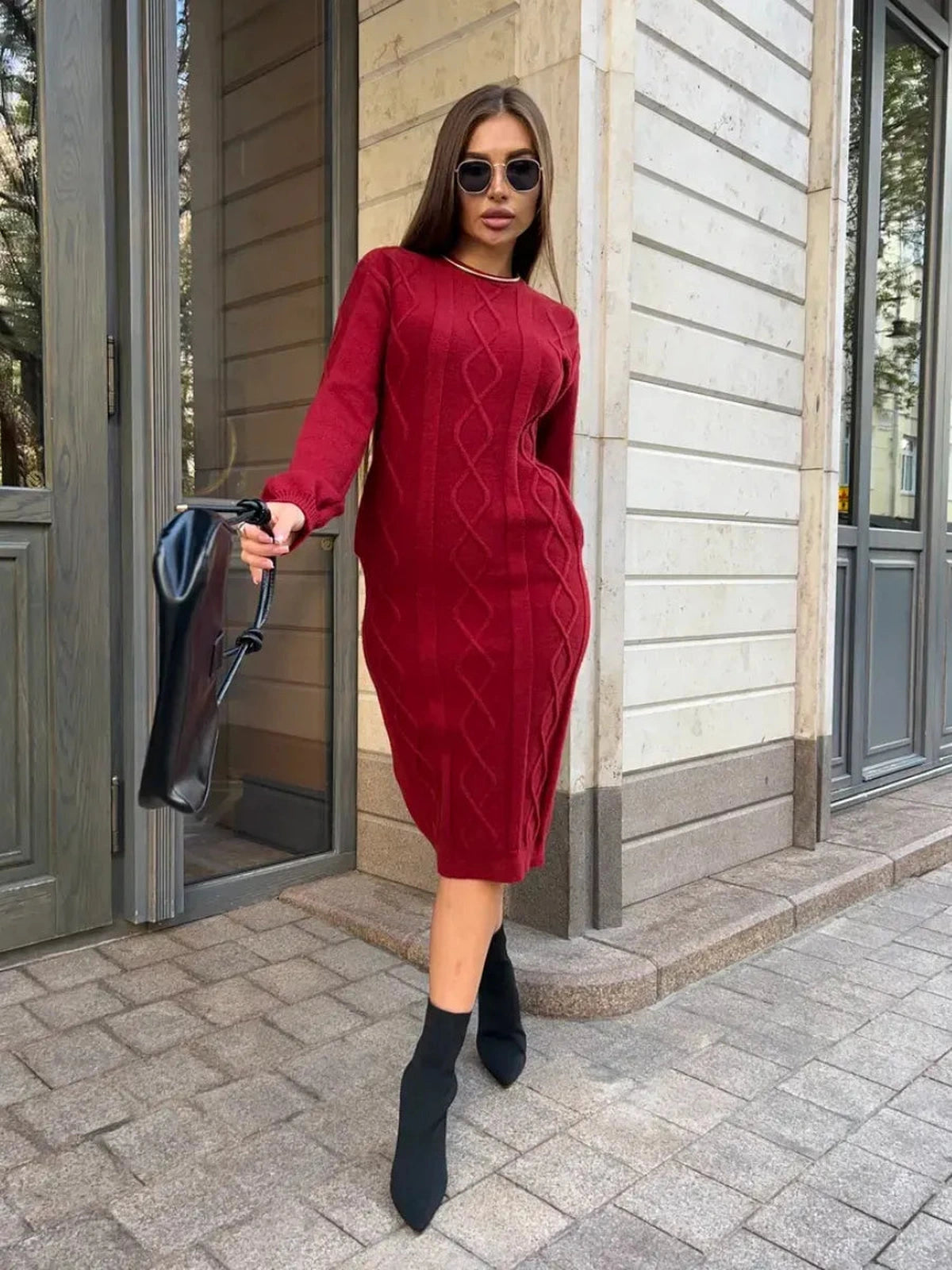 Crimson Midi Dress by Lauven, featuring a textured knit design in burgundy, perfect for autumn and winter fashion.