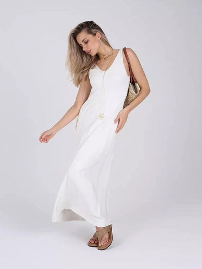 Isola Maxi Dress by Lauven: Timeless white knit summer dress with airy A-line silhouette.
