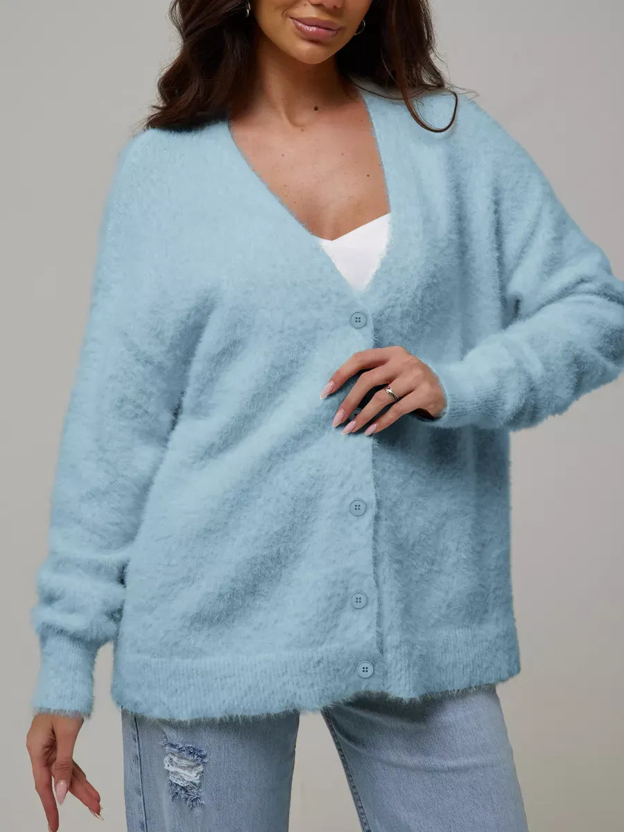 Skyler Cardigan by Lauven, soft blue oversized knitwear with button closure, perfect for layering