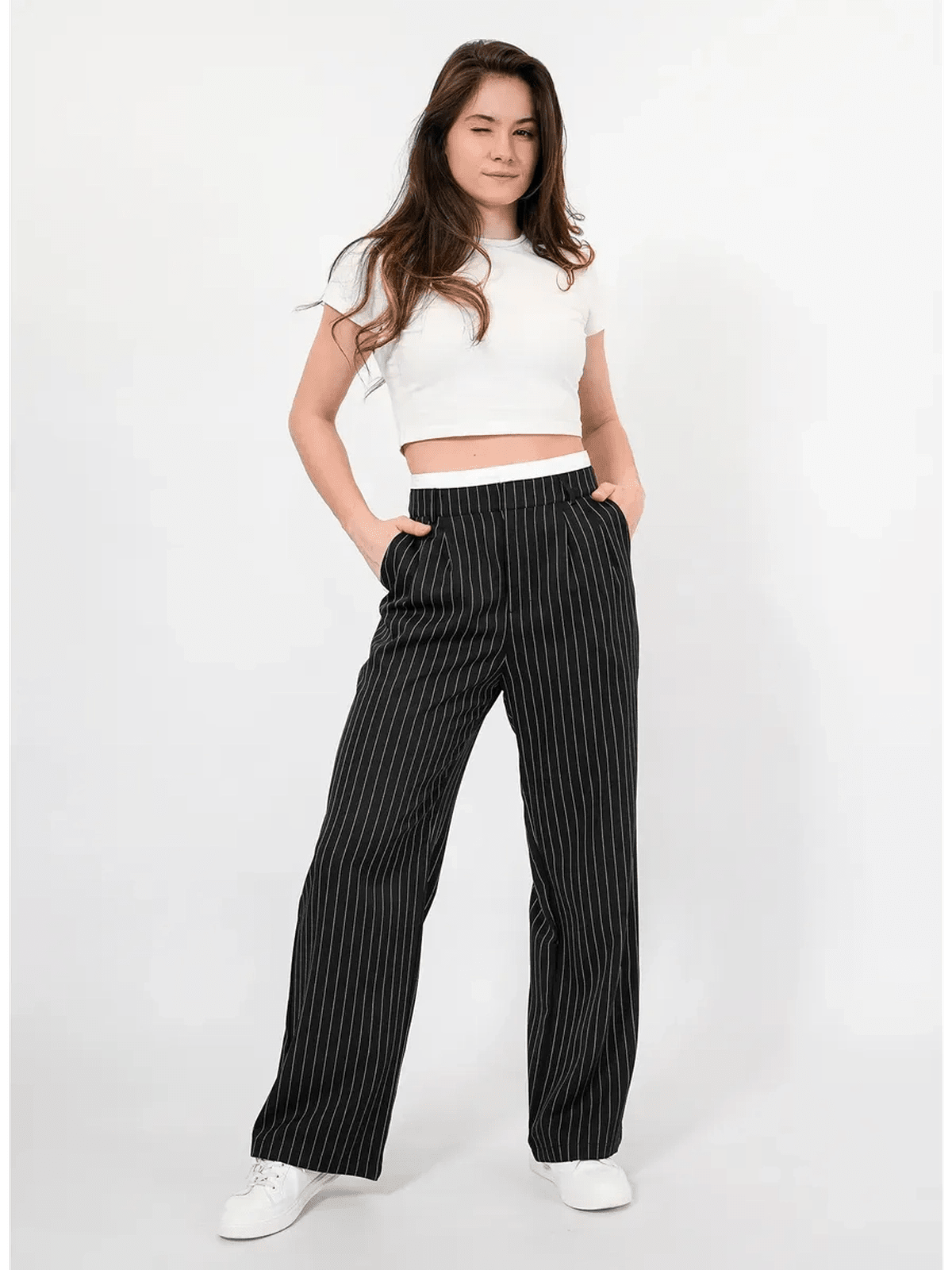 Orion Pinstripe Pants by Lauven in a high-waist wide-leg silhouette with elegant pinstripes, perfect for versatile styling.