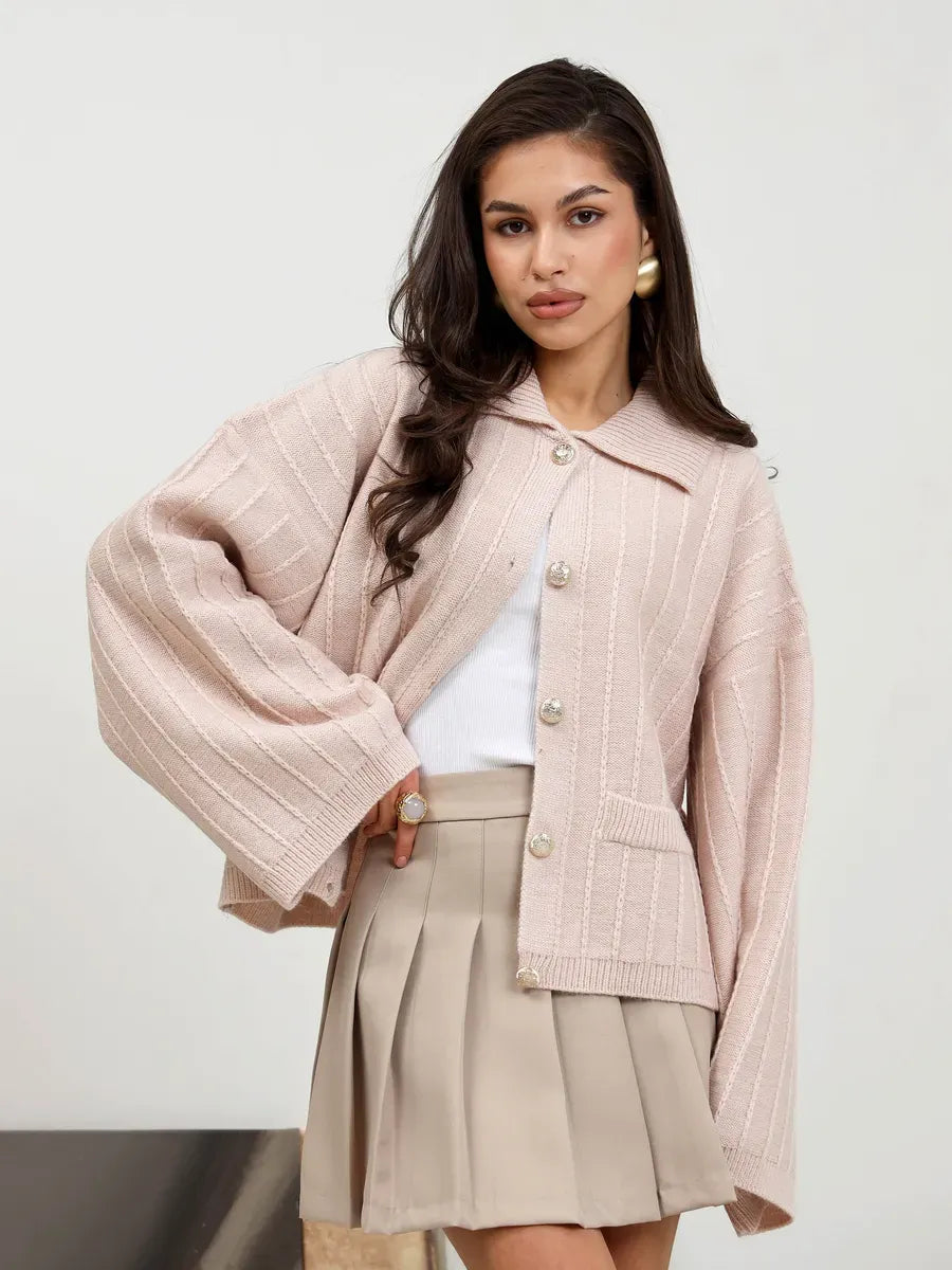 Serene Cardigan by Lauven - Elegant powder pink oversized knitwear with braided detail.
