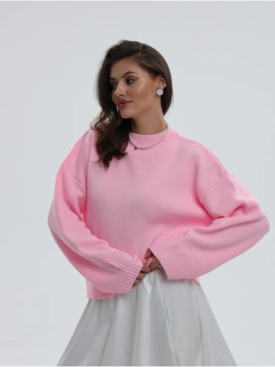 Lyra Sweater by Lauven, oversized knit in soft pink, perfect for adding elegance to your seasonal wardrobe.