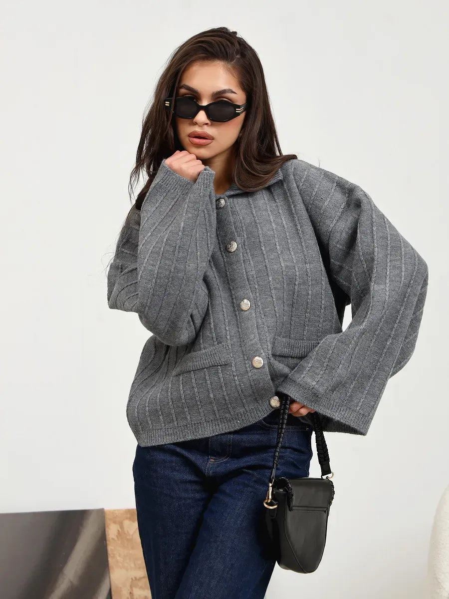 Slate Cardigan by Lauven - Elegant dark gray oversized knitwear with braided detail