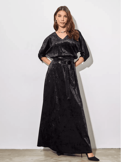 Aveline Maxi Dress by Lauven, elegant black velvet A-line gown featuring a V-neck and three-quarter sleeves.