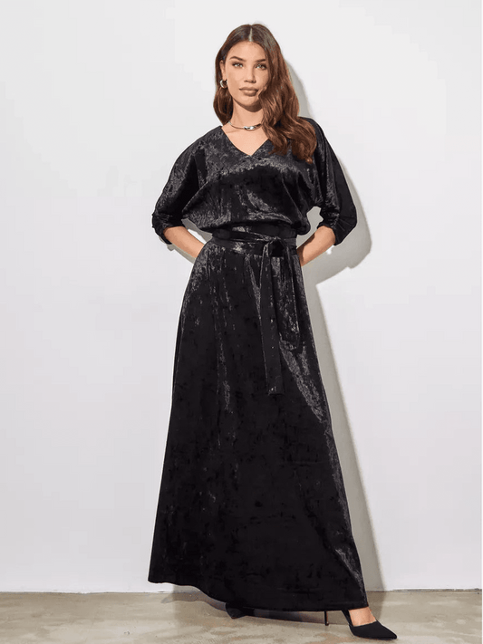 Aveline Maxi Dress by Lauven, elegant black velvet A-line gown featuring a V-neck and three-quarter sleeves.