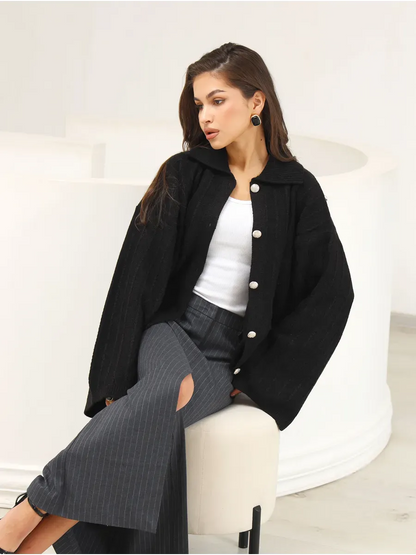 Onyx Cardigan by Lauven - Sophisticated oversized black knitwear with braided pattern and wide bell sleeves.