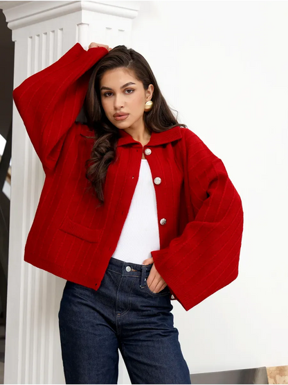 Crimson Cardigan by Lauven - Bold red oversized knitted fashion with braided pattern and bell sleeves.