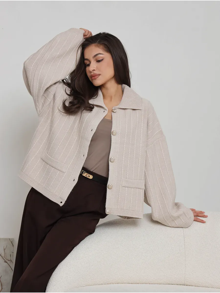 Dune Cardigan by Lauven, soft light beige oversized knitwear with braided pattern, perfect for spring layering.