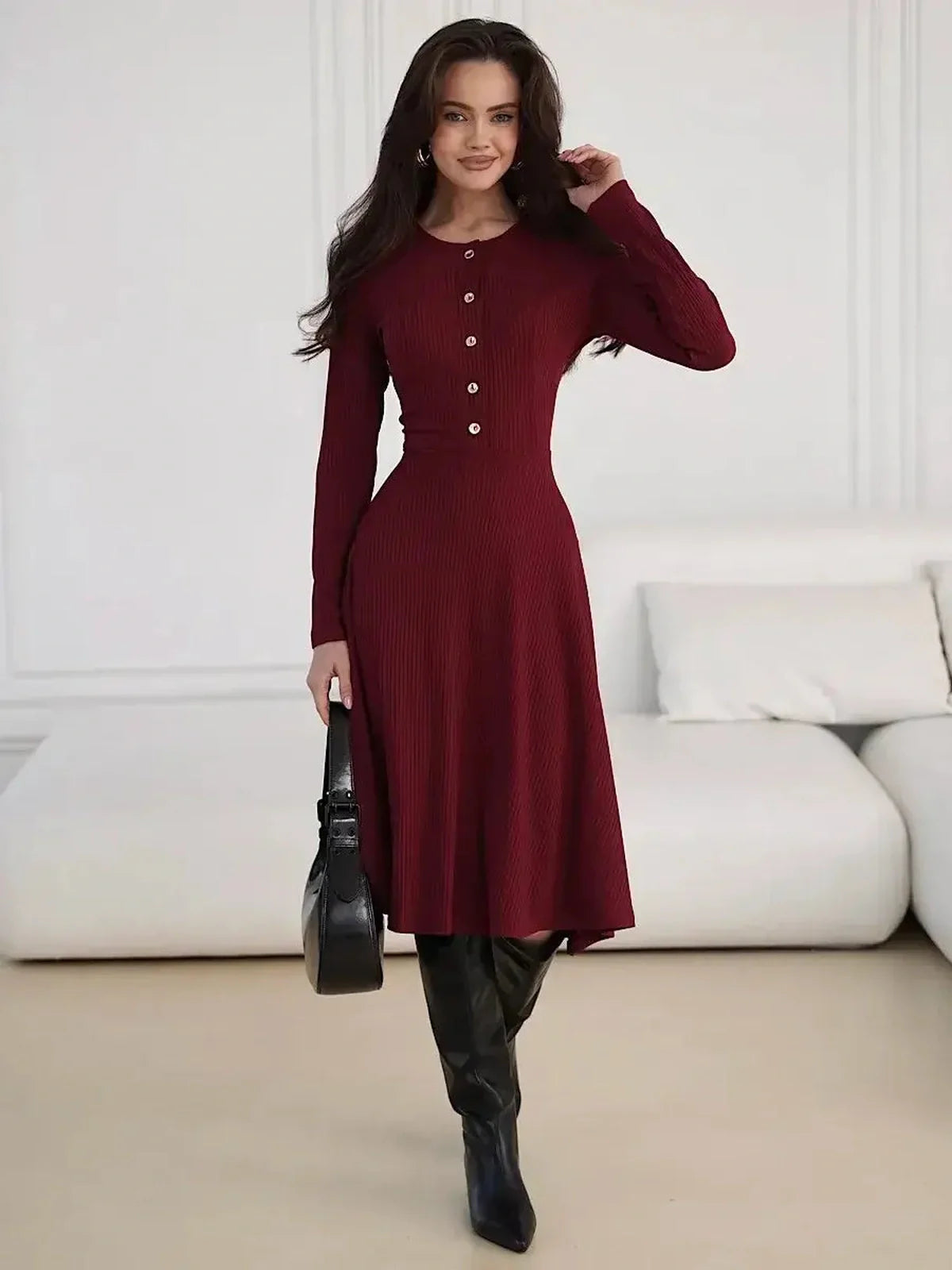 Crimson Grace Midi Dress featuring ribbed texture, gold buttons, and a flattering form-enhancing silhouette.
