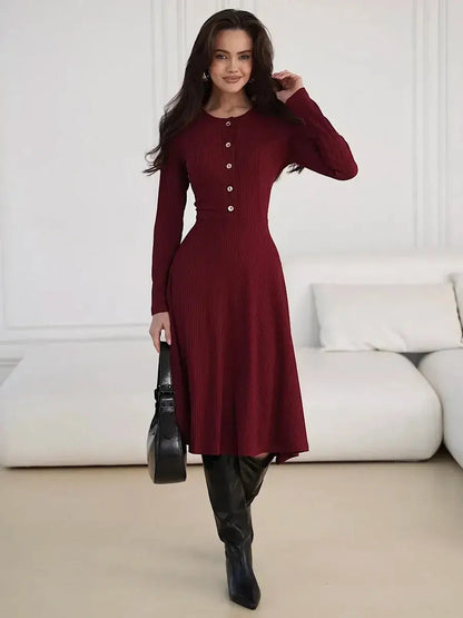 Crimson Grace Midi Dress featuring ribbed texture, gold buttons, and a flattering form-enhancing silhouette.