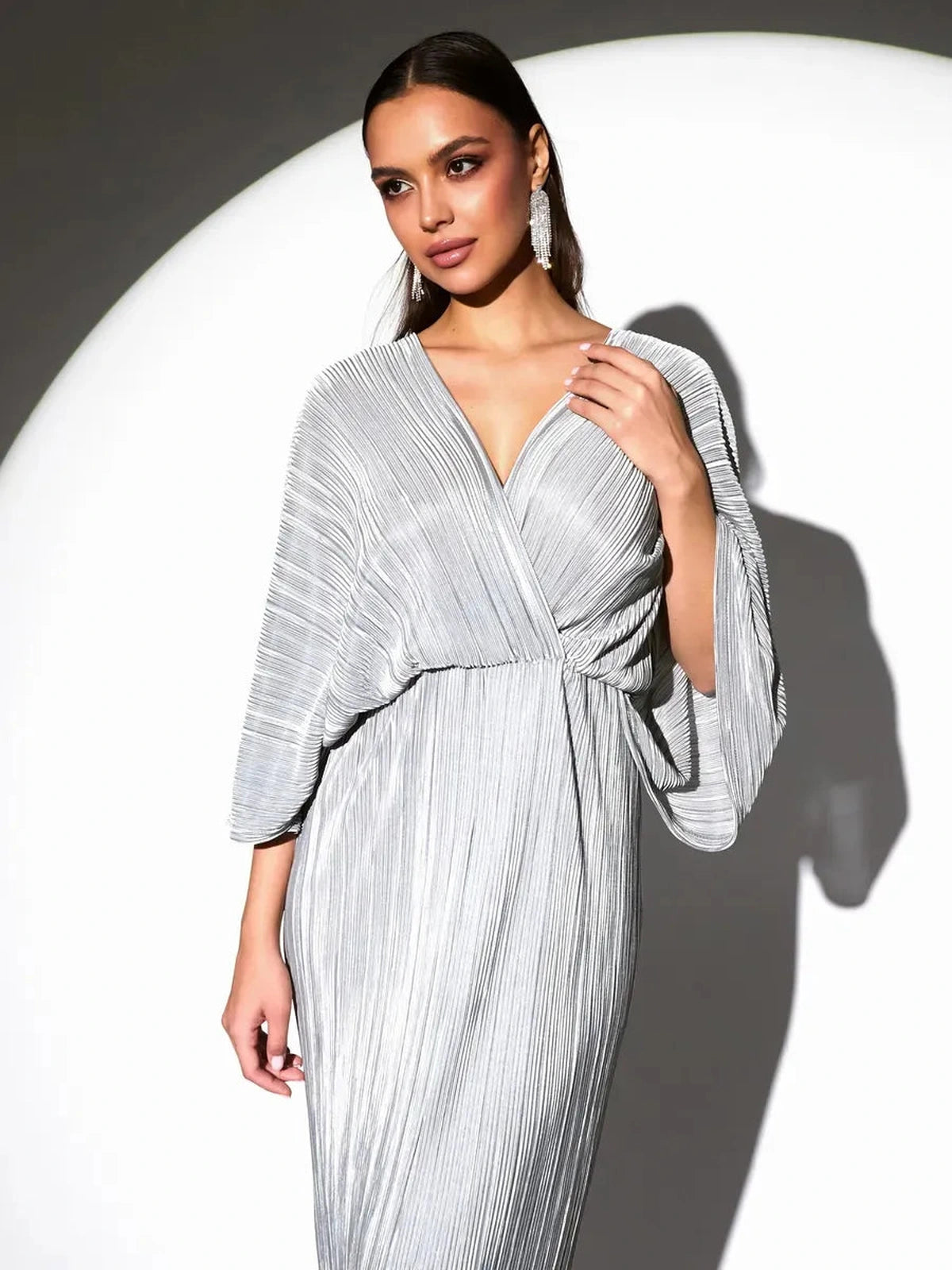 Lunara Midi Dress by Lauven, silver pleated dress with graceful flow and elegant silhouette.