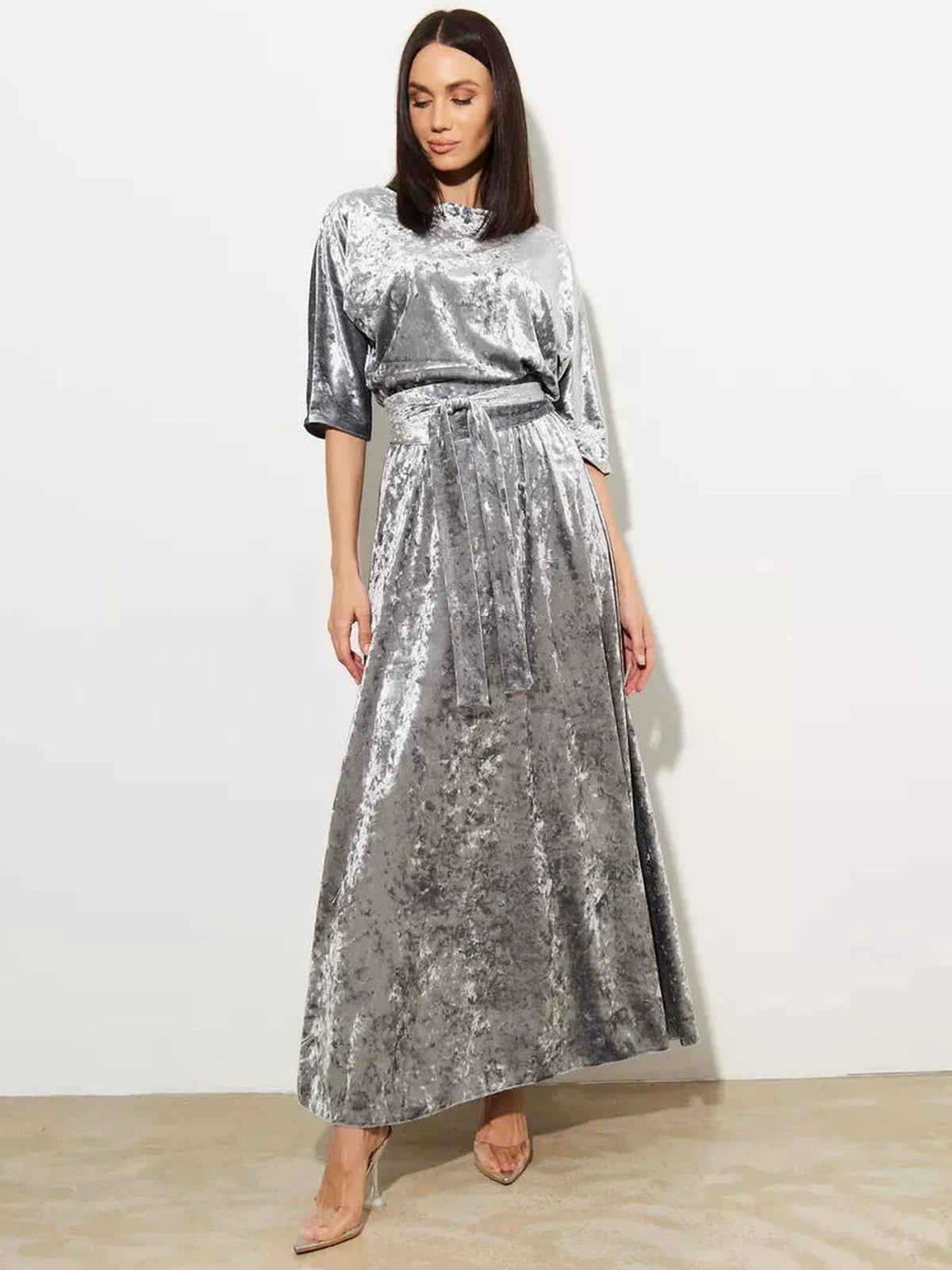 Selene Maxi Dress by Lauven, a stunning silver velvet A-Line evening gown that radiates elegance.