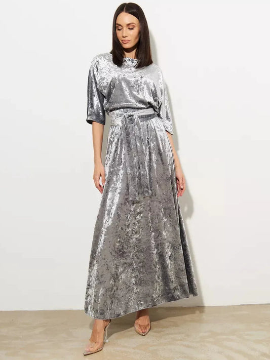 Selene Maxi Dress by Lauven, a stunning silver velvet A-Line evening gown that radiates elegance.