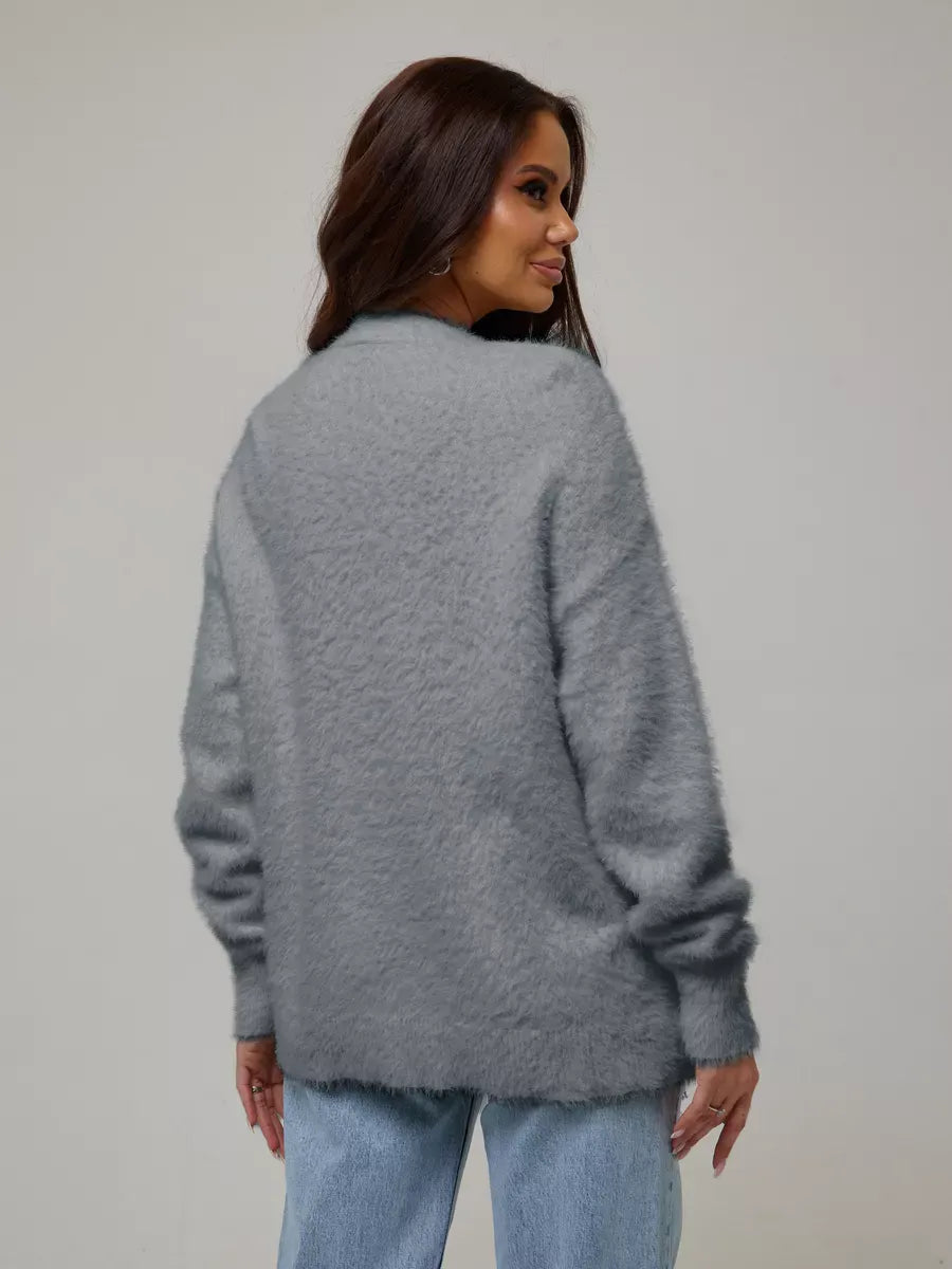 Graphite Cardigan by Lauven - Soft gray oversized plush knitwear with a cozy feel, perfect for cooler seasons.