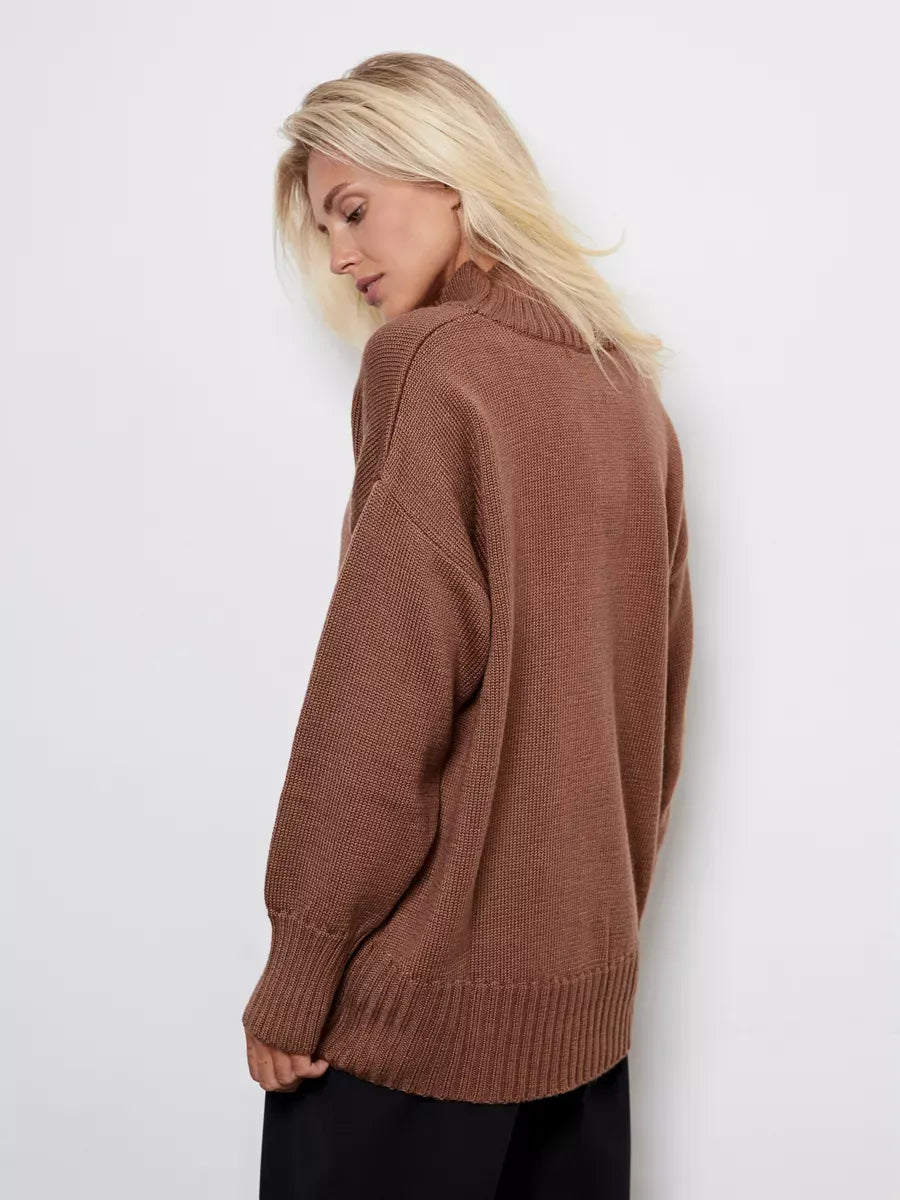 Maple Sweater by Lauven – Oversized women’s wool knit in cocoa brown with high turtleneck and relaxed fit.