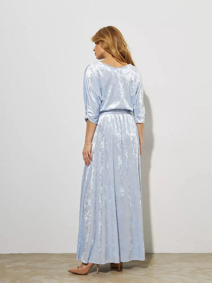Lunara Maxi Dress by Lauven, light blue velvet A-line evening gown showcasing back view and elegant silhouette.