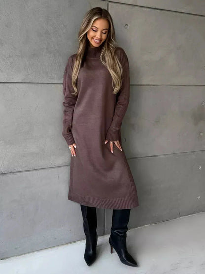 Noirra Midi Dress by Lauven, showcasing a modern cocoa brown knit design with a structured high-neck collar.