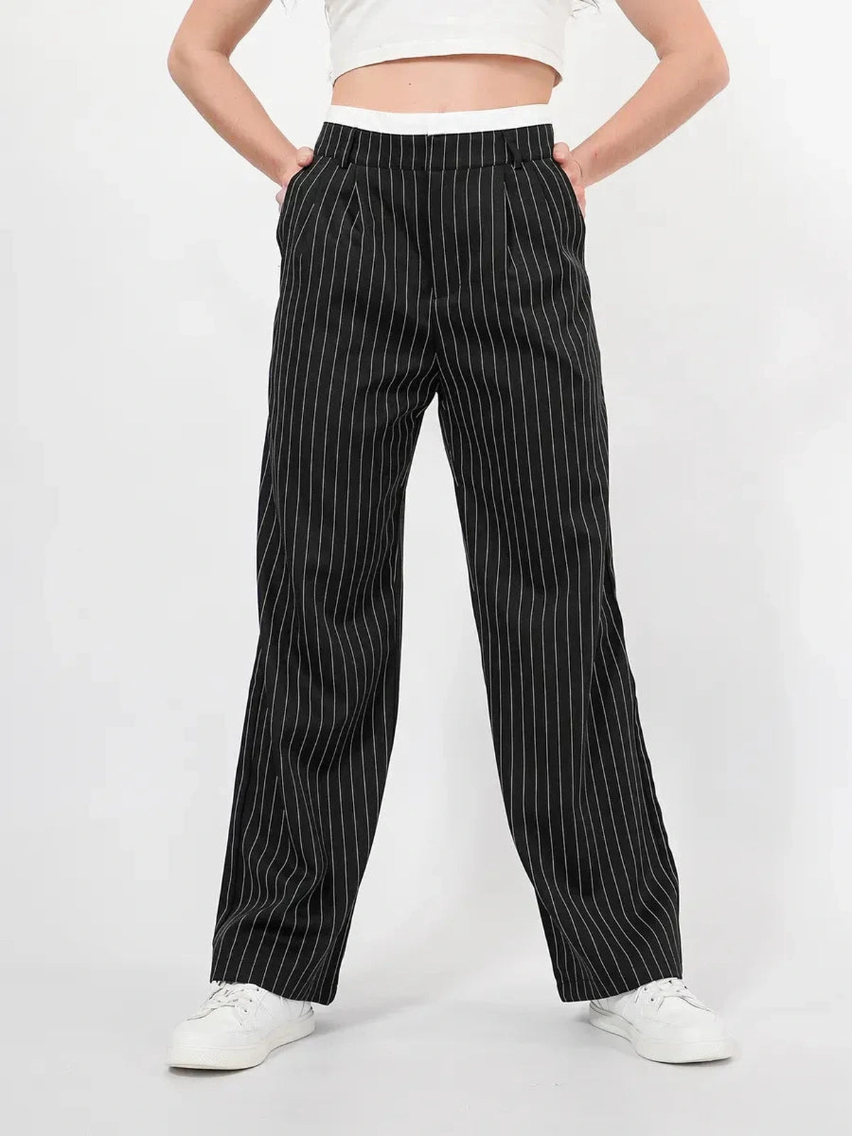 Orion Pinstripe Pants by Lauven featuring a high-waist wide-leg tailored silhouette with elegant pinstripes.