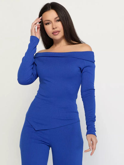 Azure Two-Piece Set by Lauven - Off-Shoulder Ribbed Women's Suit in bold blue for modern elegance.