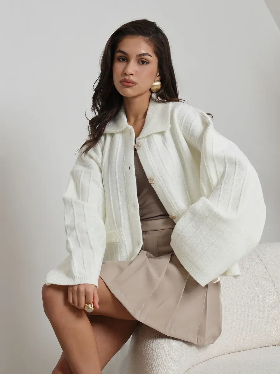Eira Cardigan by Lauven, stylish white oversized knitwear with braided pattern, perfect for spring wardrobe.