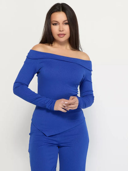 Azure Two-Piece Set by Lauven featuring an off-shoulder ribbed top and matching fitted pants in vibrant blue.