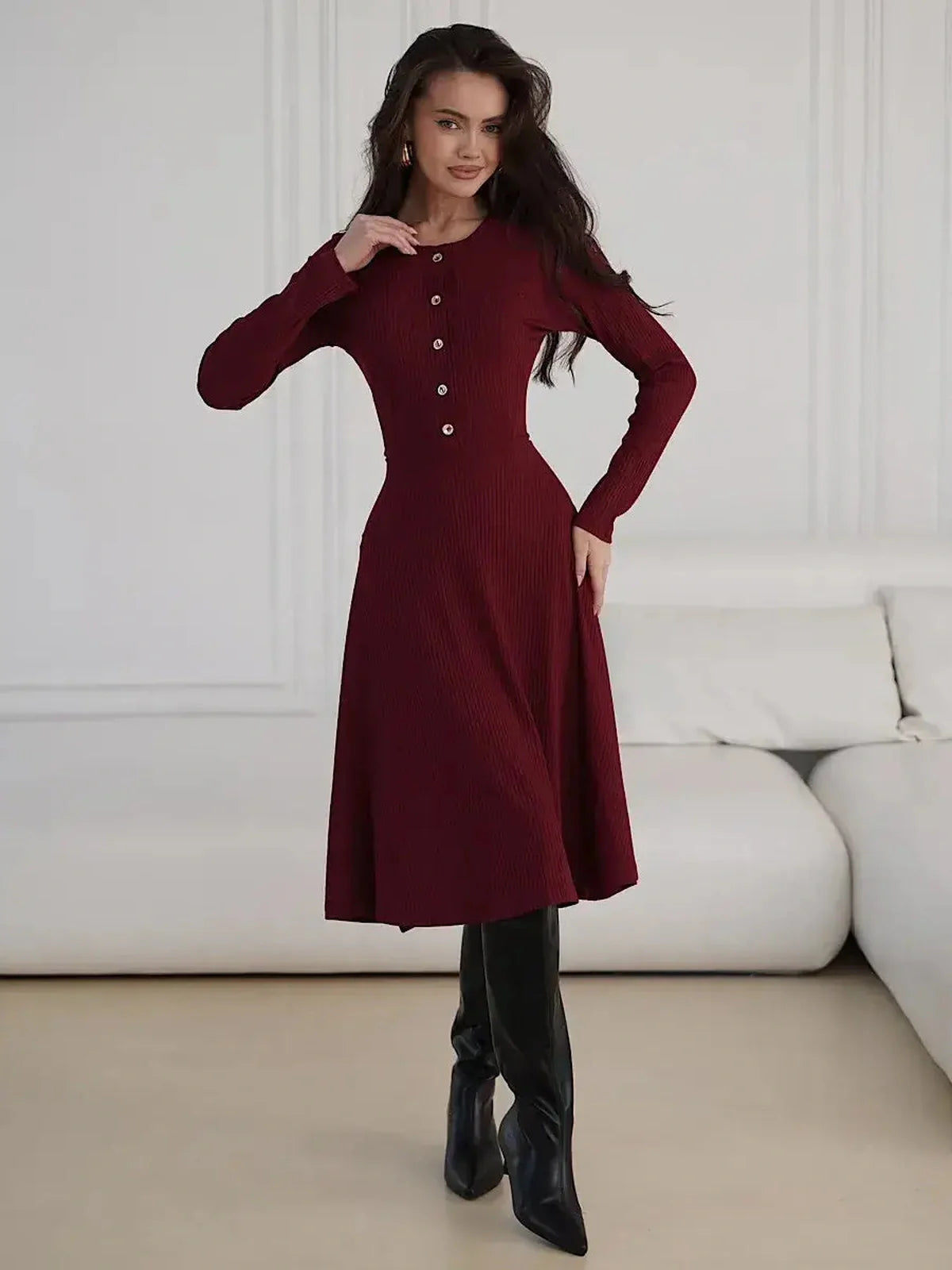 Crimson Grace Midi Dress: burgundy ribbed long sleeve dress with gold buttons and flattering silhouette.