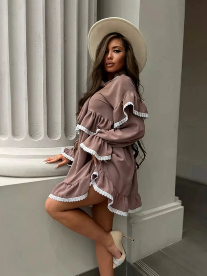 Aurora Mini Dress by Lauven, showcasing soft ruffles and delicate lace trim for sophisticated style.