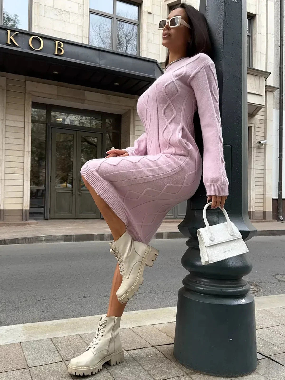 Luna Midi Dress by Lauven – Textured Knit Sweater Dress in Soft Pink, showcasing style and elegance.