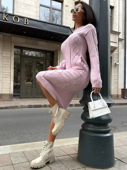 Luna Midi Dress by Lauven – Textured Knit Sweater Dress in Soft Pink, showcasing style and elegance.