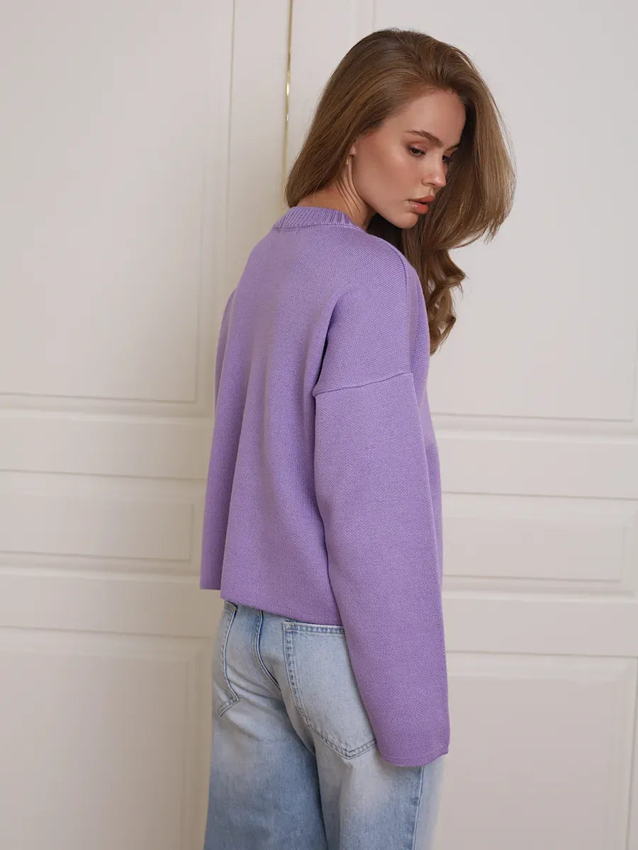Lilac Cardigan by Lauven, cozy purple knitwear with button closure, perfect for school or office.