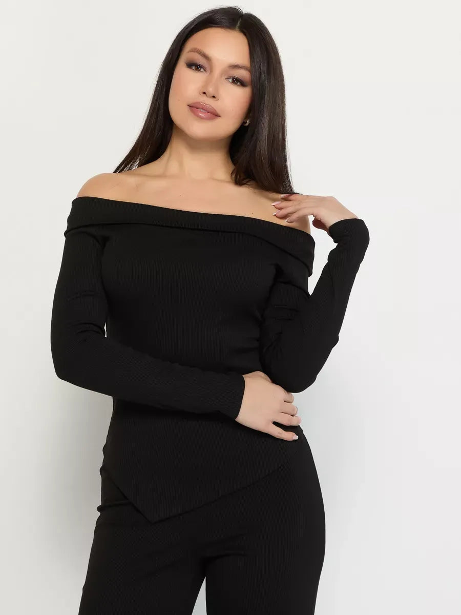 Onyx Two-Piece Set by Lauven, off-shoulder ribbed black women's suit showcasing elegance and comfort.