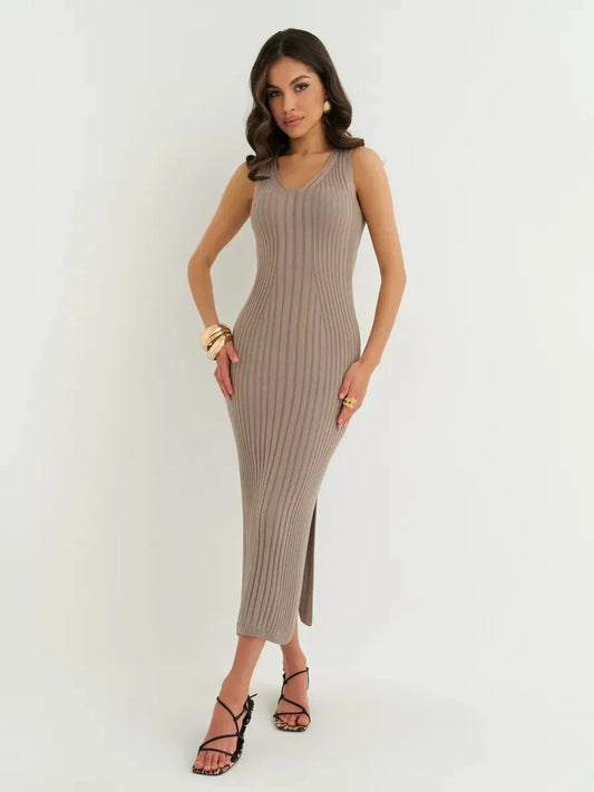 Mocha Midi Dress by Lauven - Sleeveless ribbed knit dress in cappuccino with V-neckline and side slits.