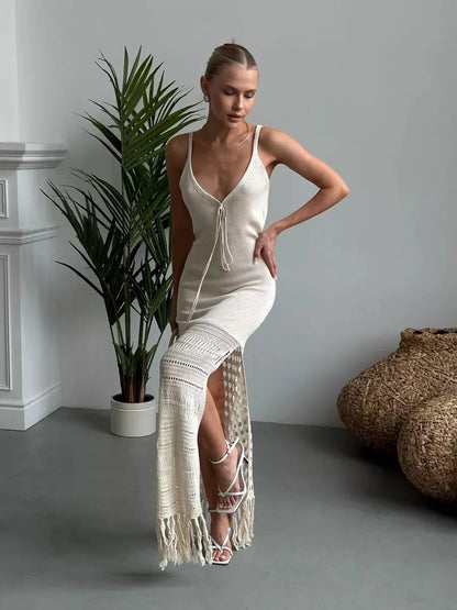 Lunara Maxi Dress by Lauven, featuring soft knit texture and fringe hem, perfect for warm-weather elegance.