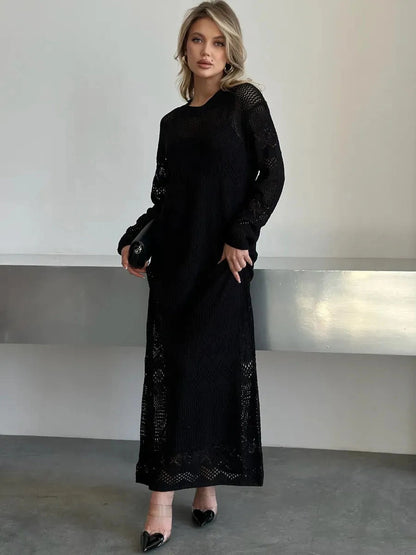 Lunara Maxi Dress by Lauven, a chic black crochet knit perfect for elegant summer evenings.