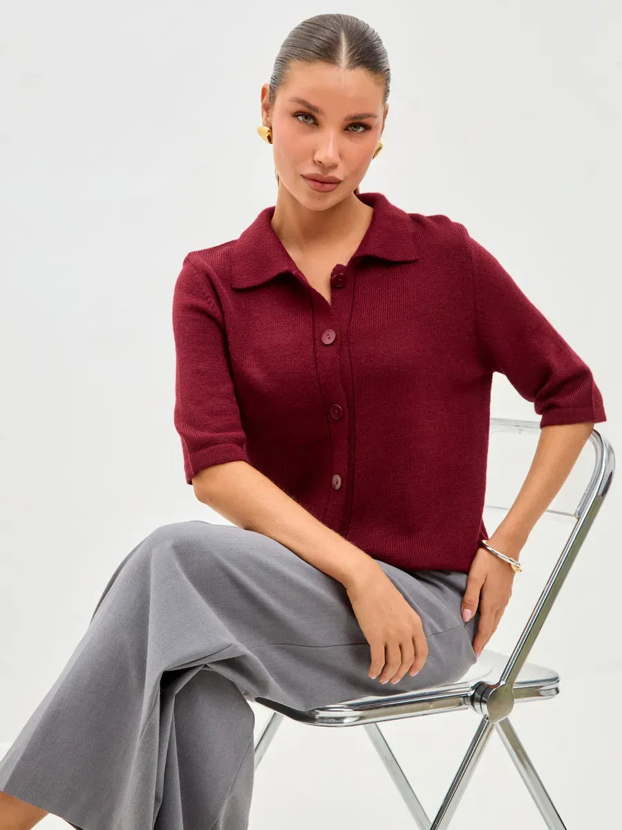 Mira Cardigan in burgundy, lightweight wool blend knitwear by Lauven, featuring button closure and short sleeves.