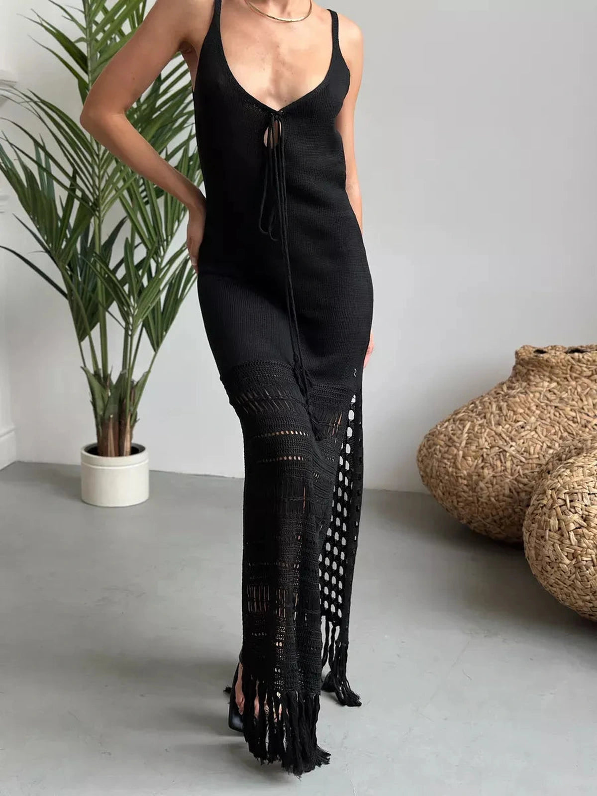 Vespera Maxi Dress by Lauven featuring modern knit texture and dramatic side slit, ideal for summer occasions.