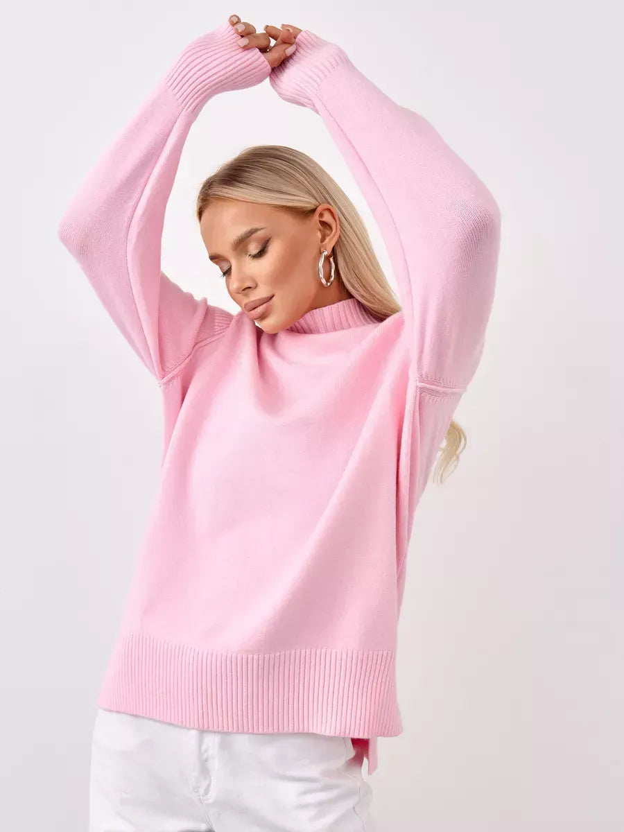 Lauven Rosette Sweater - Oversized pink cashmere knitwear with high neck and stylish sleeves.