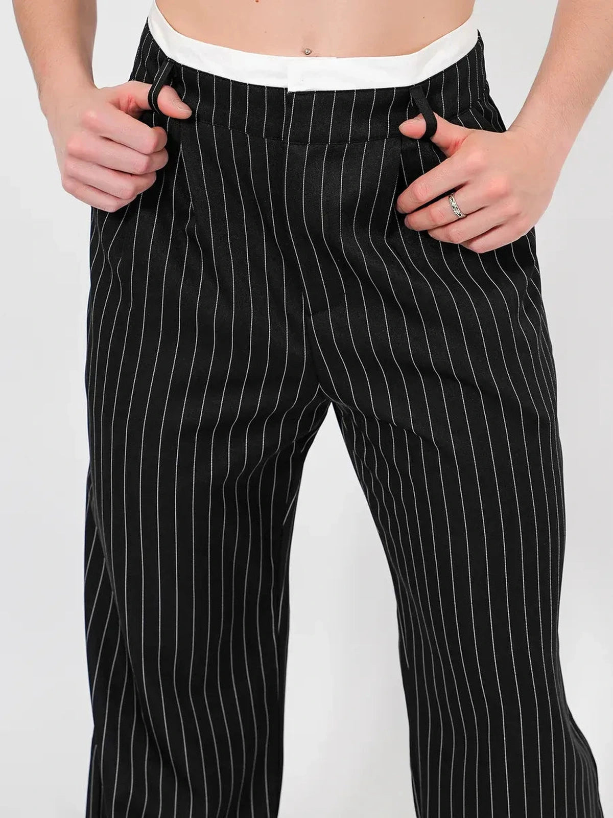 Orion Pinstripe Pants by Lauven, showcasing a high-waist wide-leg silhouette with elegant pinstripes.