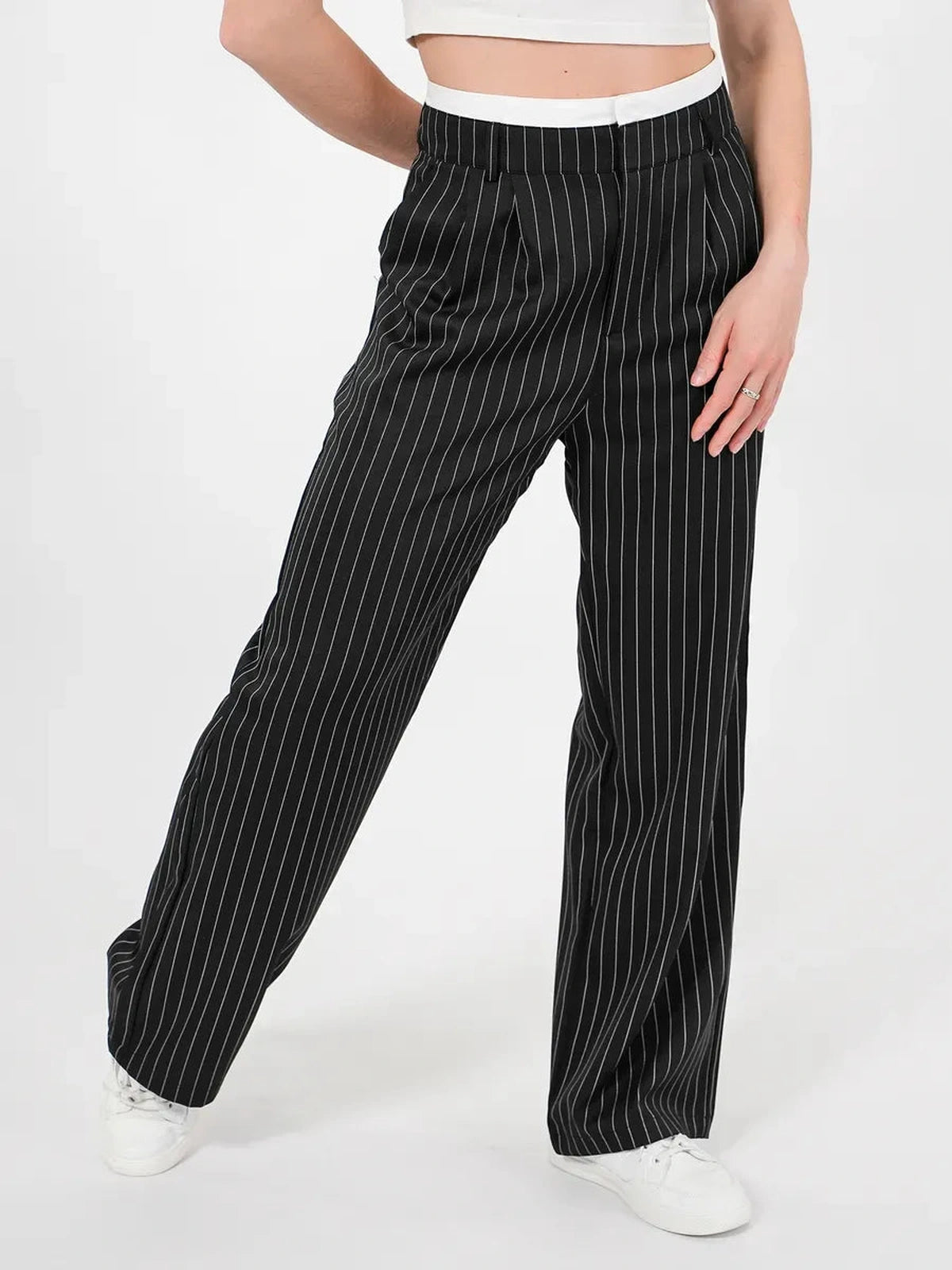 Orion Pinstripe Pants by Lauven, showcasing a high-waist wide-leg silhouette with elegant pinstripes.