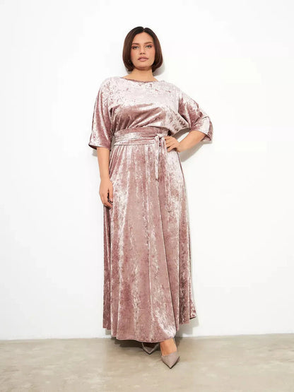 Rosalyn Maxi Dress by Lauven, soft pink velvet A-line evening gown with relaxed fit and adjustable belt.