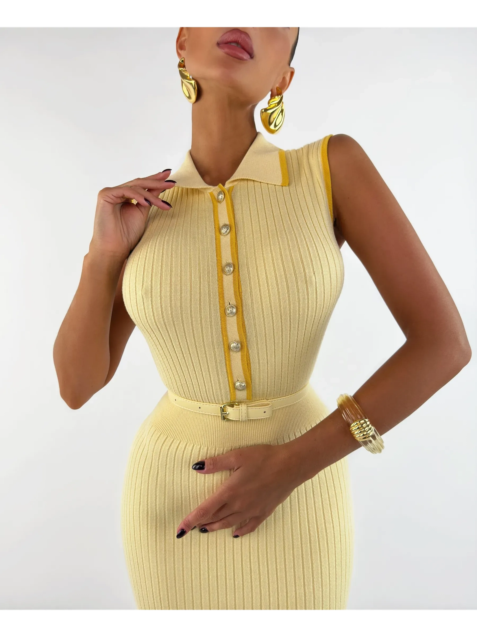 Liora Midi Dress by Lauven, light yellow ribbed knit polo dress with buttons and subtle mustard trim.