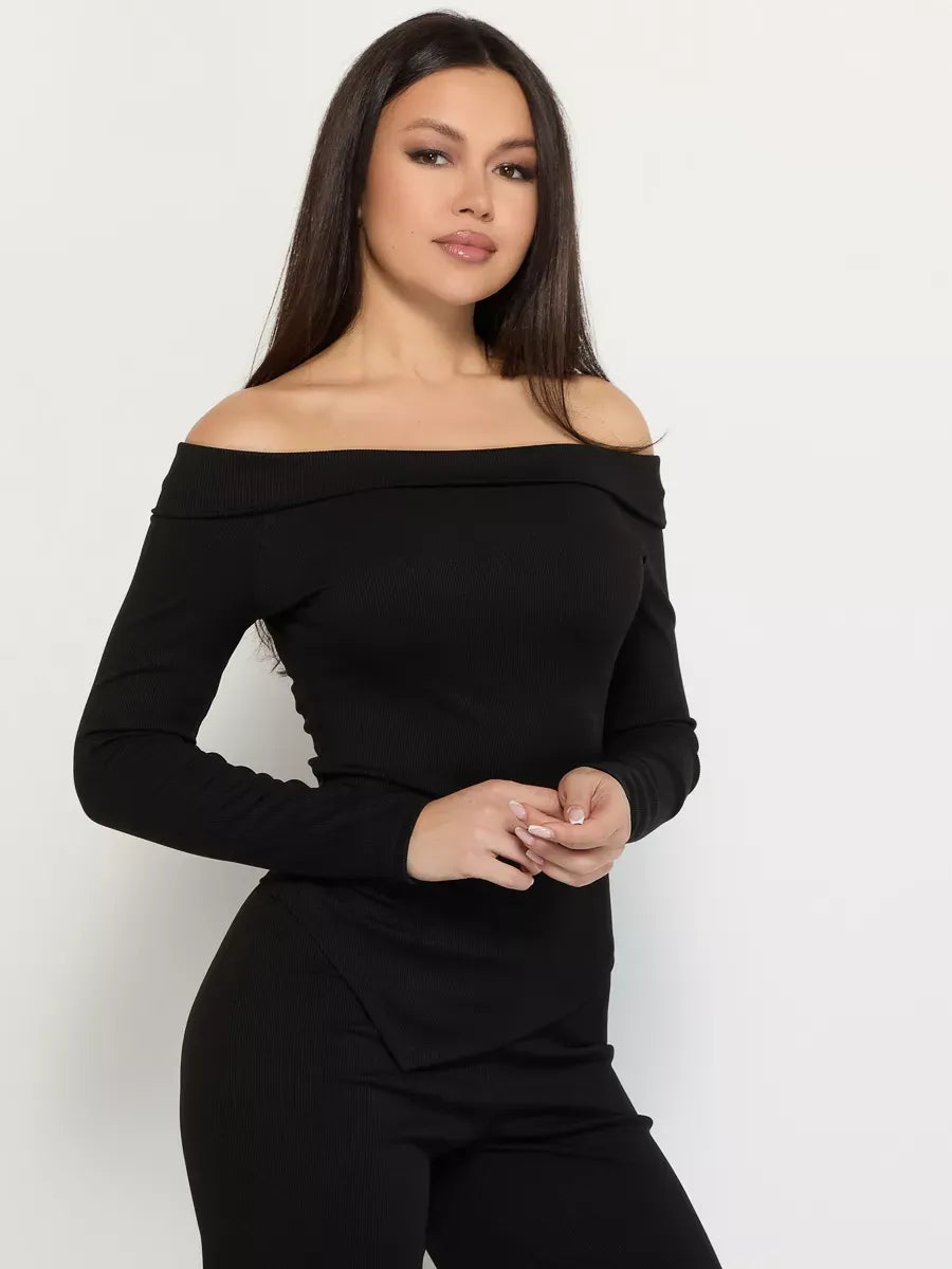 Onyx Two-Piece Set by Lauven, off-shoulder ribbed women’s suit in sleek black for elegant comfort.