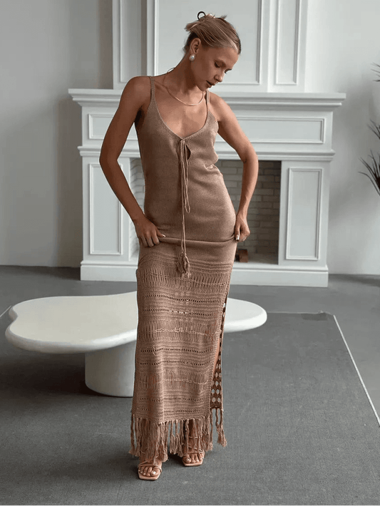 Calysta Maxi Dress by Lauven showcasing soft knit texture and side-slit elegance in a refined beige tone.