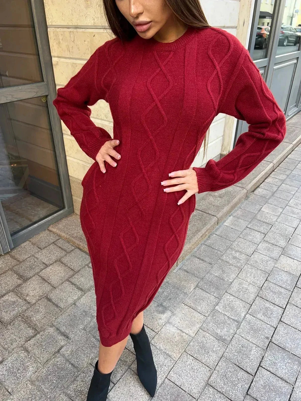 Crimson Midi Dress by Lauven, showcasing a textured knit design in burgundy, perfect for autumn and winter fashion.