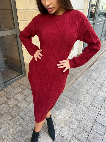 Crimson Midi Dress by Lauven, showcasing a textured knit design in burgundy, perfect for autumn and winter fashion.