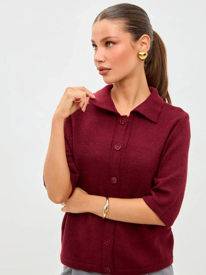 Mira Cardigan by Lauven - Lightweight burgundy wool blend knitwear featuring button closure and short sleeves.