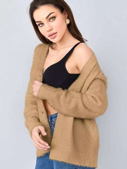 Camelia Cardigan by Lauven – Plush camel oversized knitwear with button closure, perfect for stylish comfort.