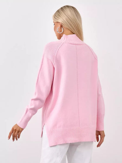 Rosette Sweater by Lauven, oversized pink cashmere knitwear with high neck and relaxed fit.